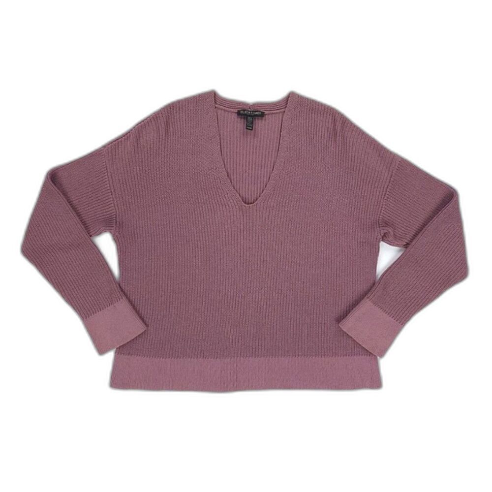 EILEEN FISHER Organic Cotton V-Neck Sweater Mauve Minimal Coastal Boho Lagenlook